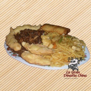 plato con arroz chino y pasta con trozos de pollo