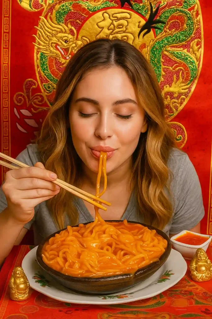Mujer disfrutando de un rico plato de espagueti con camarones en salsa china